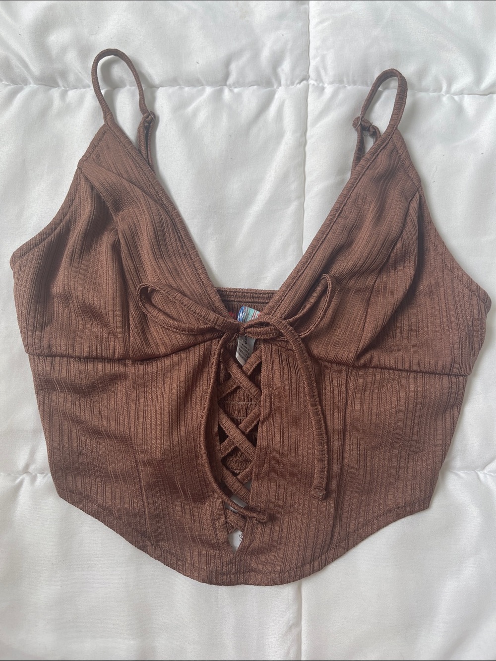 Brown Ribbed Cropped Cami Top